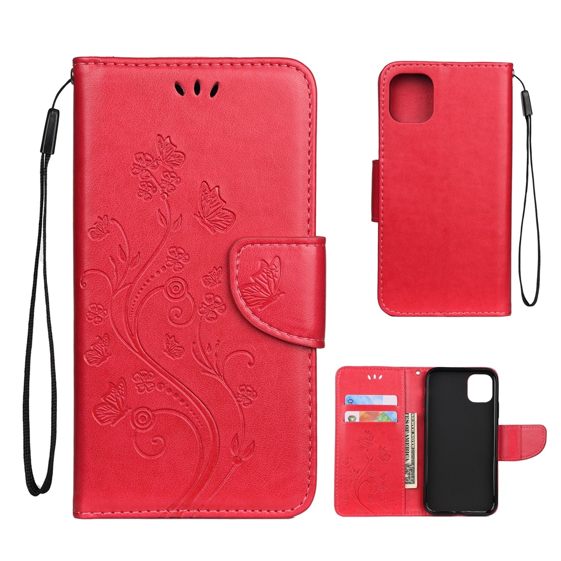 For iPhone 11 Butterfly Flower Pattern Horizontal Flip Leather Case with Holder & Card Slots & Wallet(Red) - Shopkiz.com