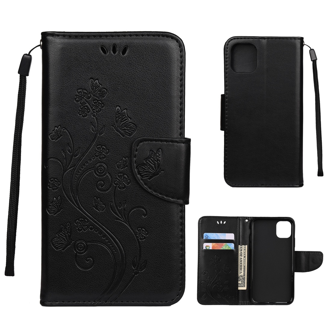For iPhone 11 Pro Max Butterfly Flower Pattern Horizontal Flip Leather Case with Holder & Card Slots & Wallet(Black) - Shopkiz.com