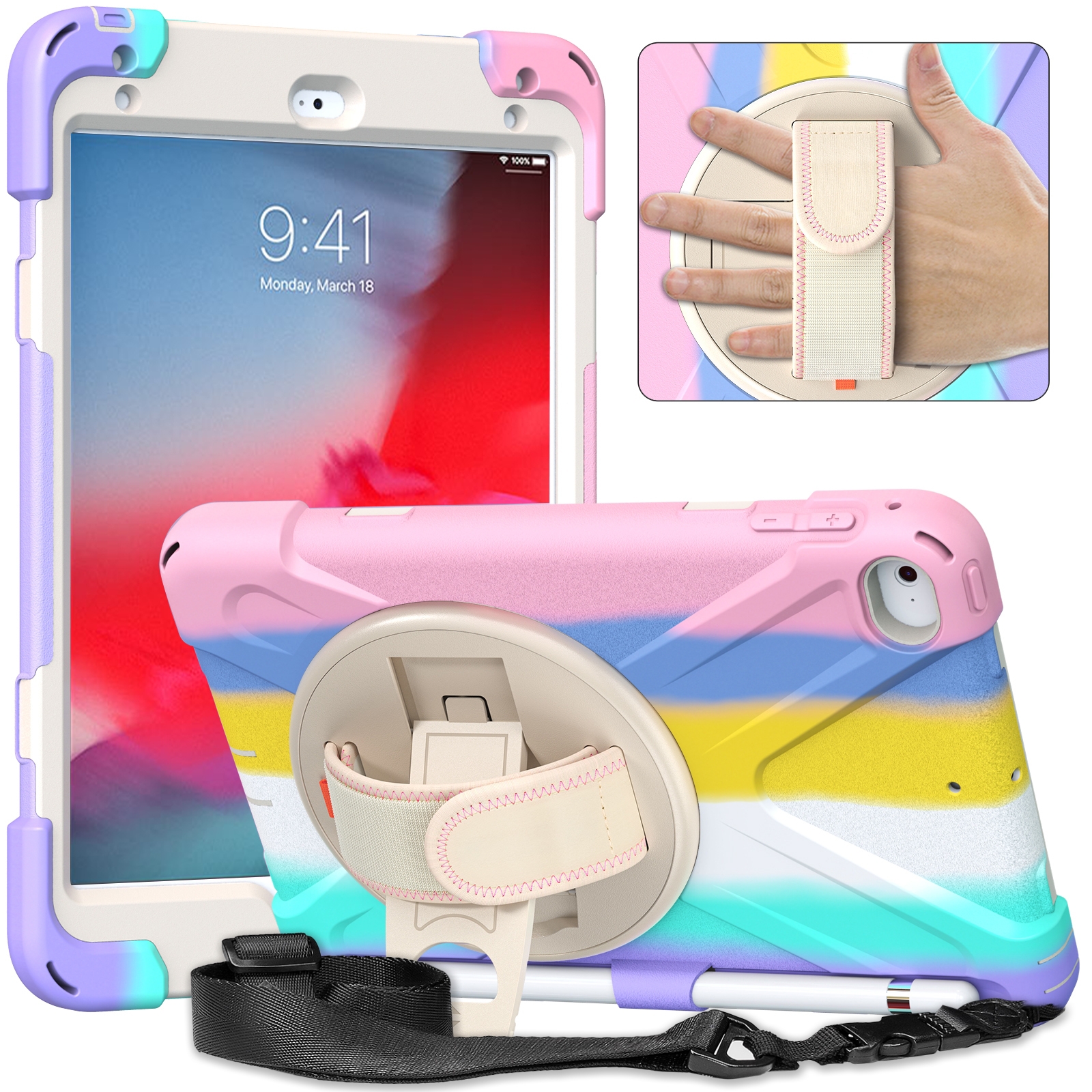 Shockproof Colorful Silicone + PC Protective Case with Holder & Shoulder Strap & Hand Strap For iPad Mini (2019)(Pink) - Shopkiz.com