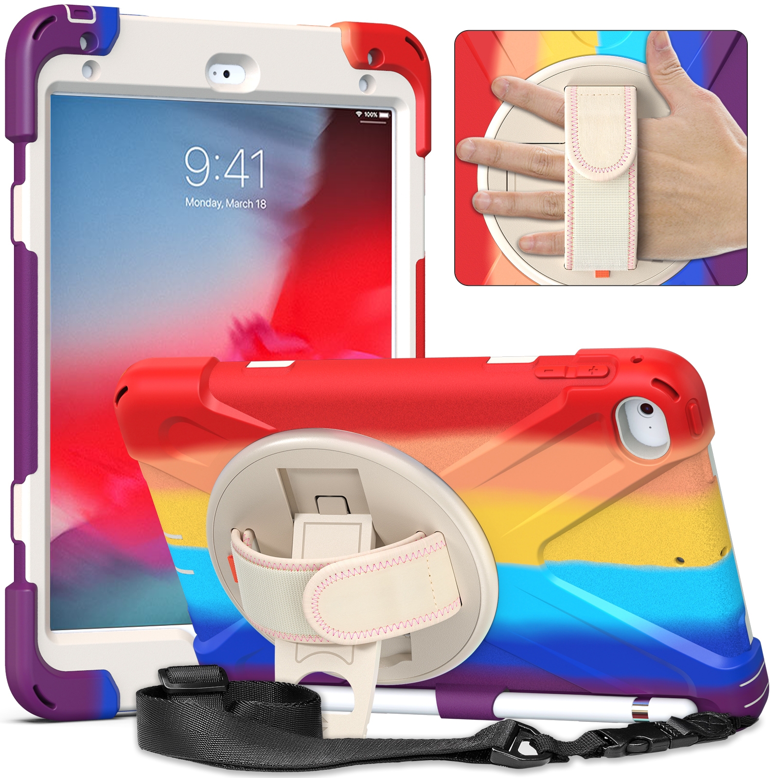 Shockproof Colorful Silicone + PC Protective Case with Holder & Shoulder Strap & Hand Strap For iPad Mini (2019)(Red) - Shopkiz.com