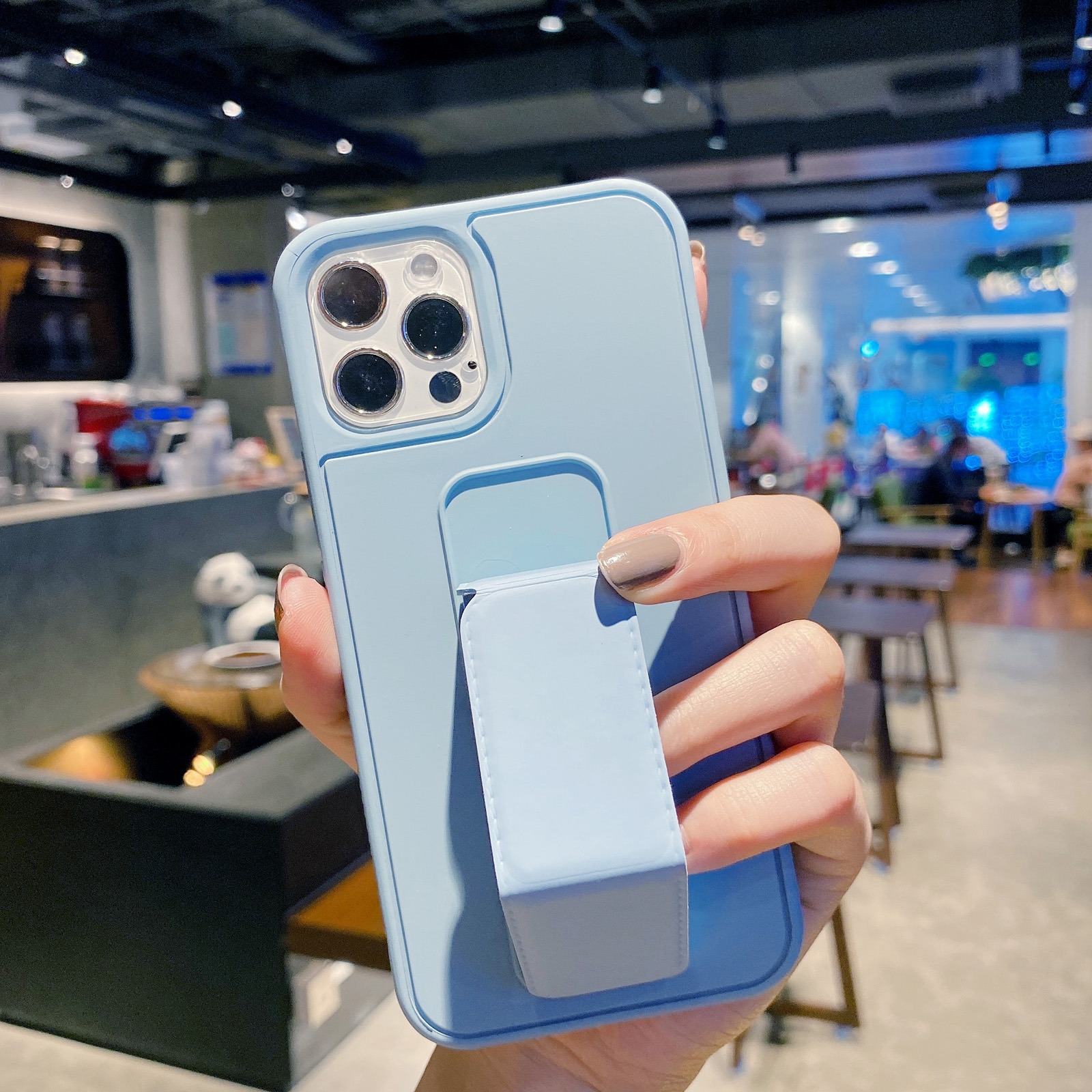 For iPhone 12 Pro Max Colorful TPU + PC Shockproof Case with Wrist Strap Holder(Light Blue) - Shopkiz.com