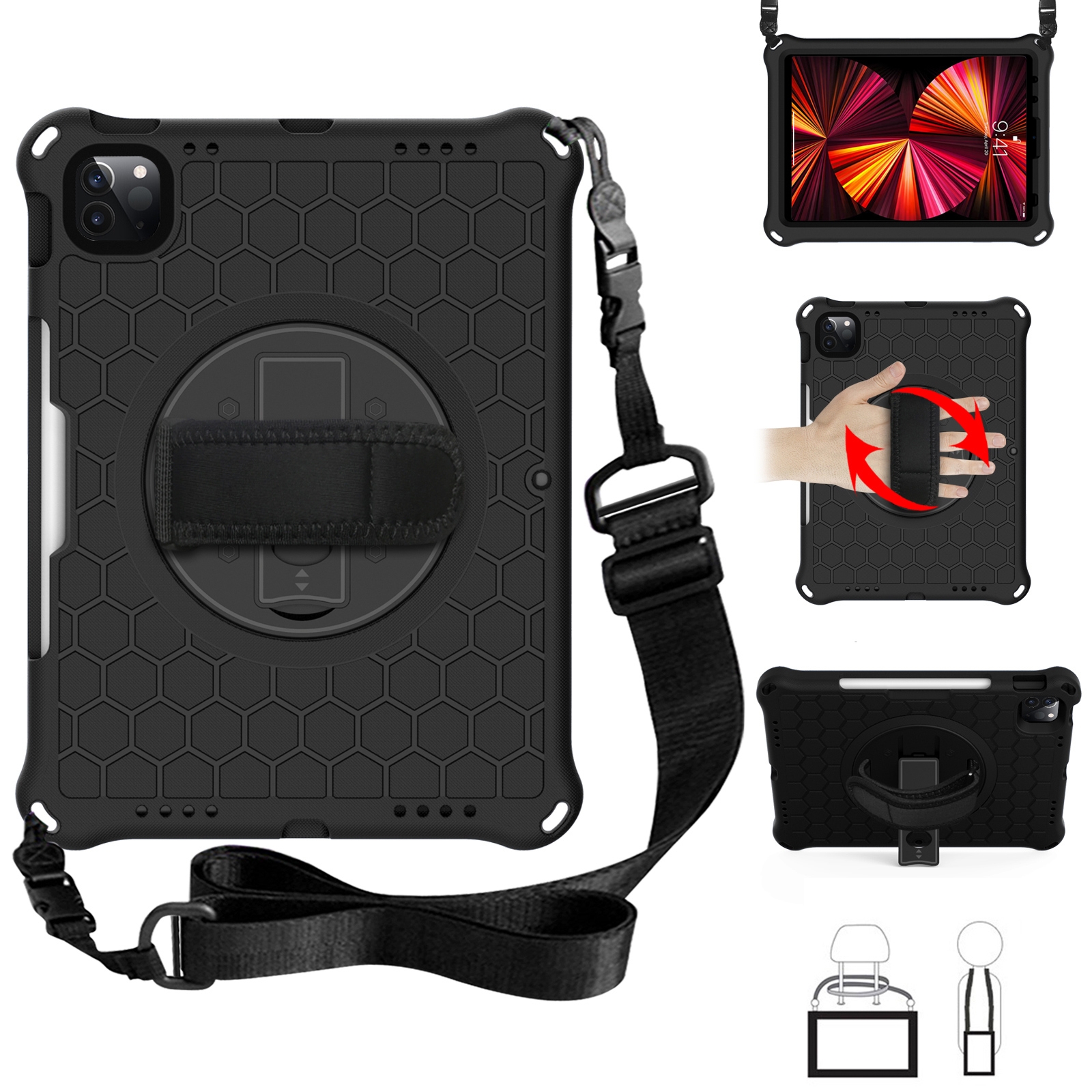 For iPad Pro 11 2022 / 2021 / 2020 / 2018 360 Degree Rotation Honeycomb Shockproof Silicone PC Protective Tablet Case with Holder & Shoulder Strap &
