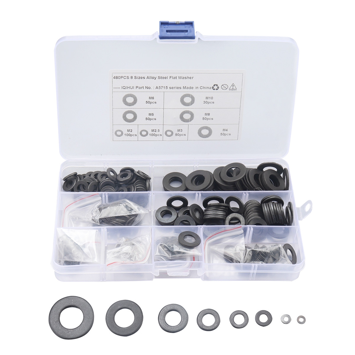 A5715 480 PCS 8 Sizes Black Carbon Steel Flat Washers Set - Shopkiz.com