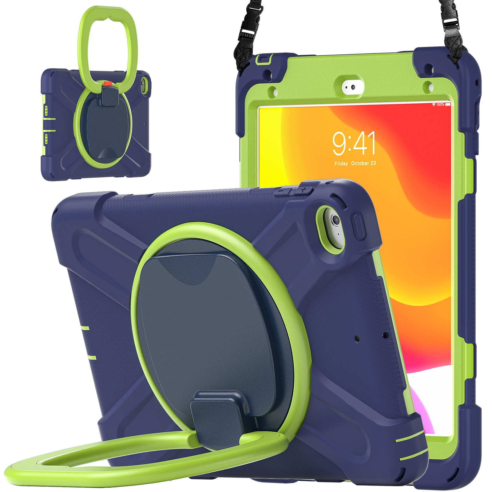 Silicone + PC Protective Case with Holder & Shoulder Strap For iPad mini 5 / 4(Navy Blue+Yellow Green) - Shopkiz.com