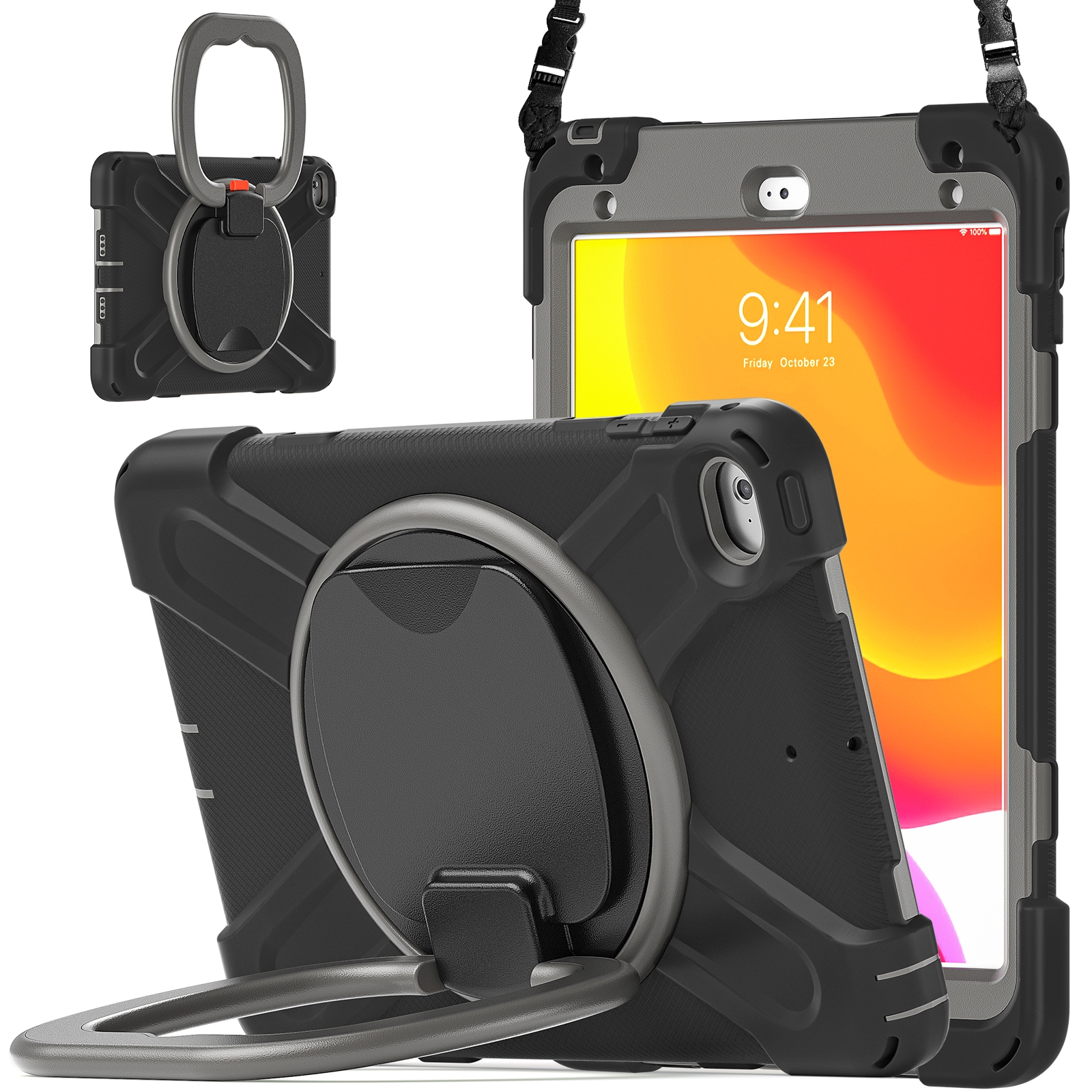 Silicone + PC Protective Case with Holder & Shoulder Strap For iPad mini 5 / 4(Black+Grey) - Shopkiz.com