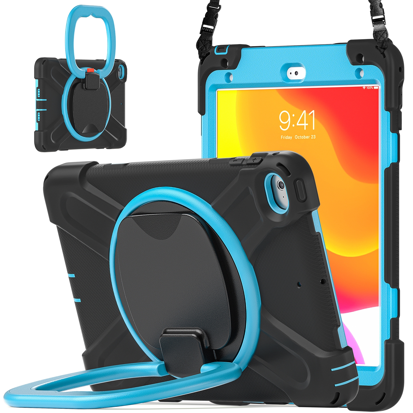 Silicone + PC Protective Case with Holder & Shoulder Strap For iPad mini 5 / 4(Black+Blue) - Shopkiz.com