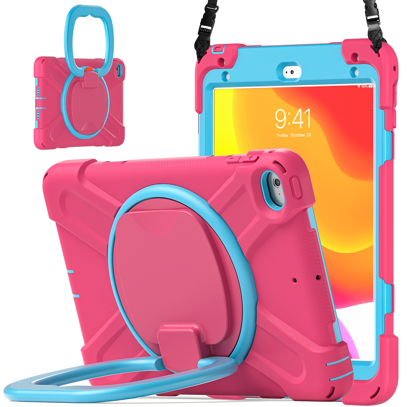 Silicone + PC Protective Case with Holder & Shoulder Strap For iPad mini 5 / 4(Rose Red+Blue) - Shopkiz.com