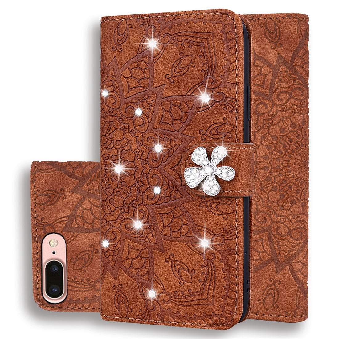 For iPhone 7 Plus / 8 Plus Calf Pattern Diamond Mandala Double Folding Design Embossed Leather Case with Wallet & Holder & Card Slots(Brown) -