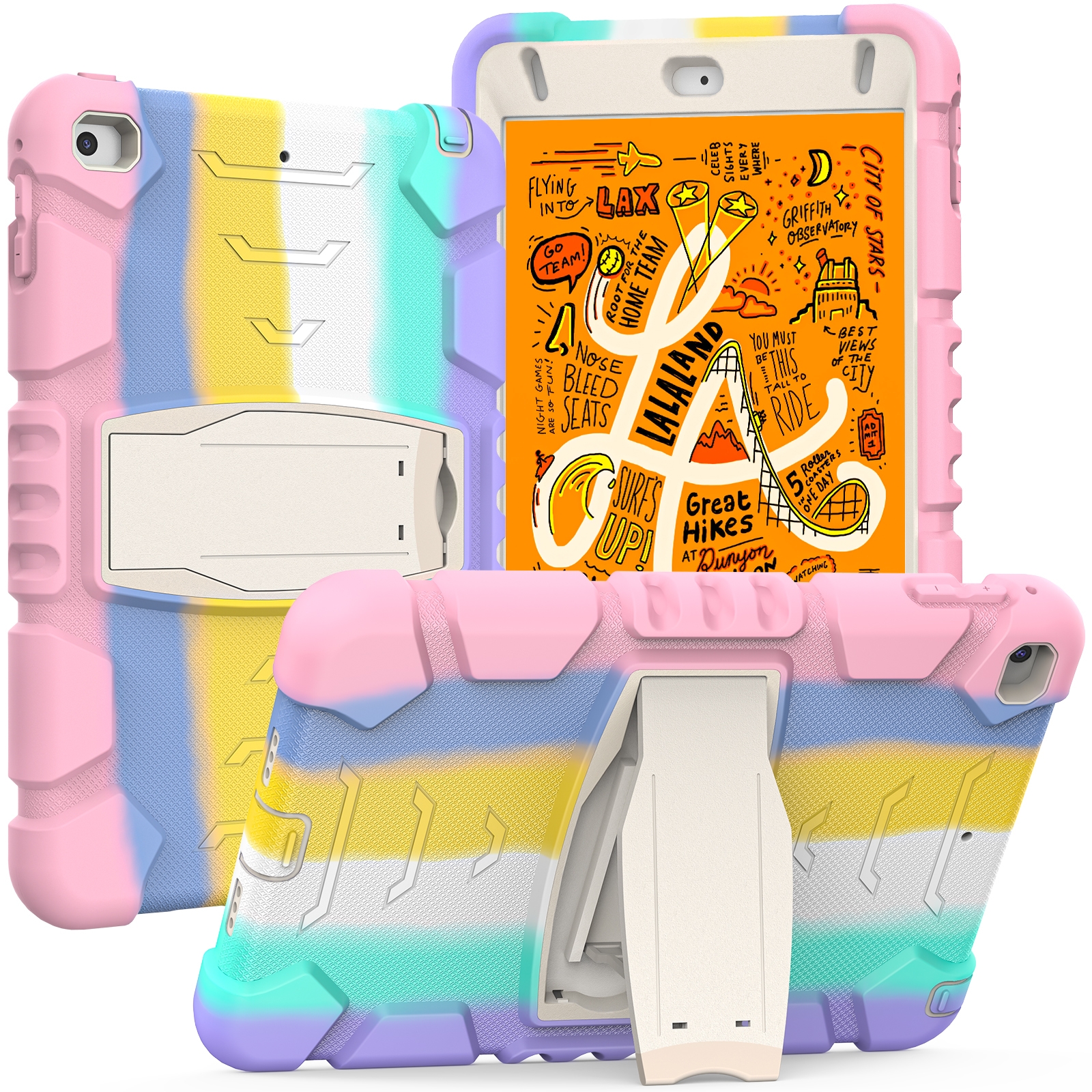 3-Layer Protection Screen Frame + PC + Silicone Shockproof Combination Case with Holder For iPad mini 5 / 4(Colorful Pink) - Shopkiz.com