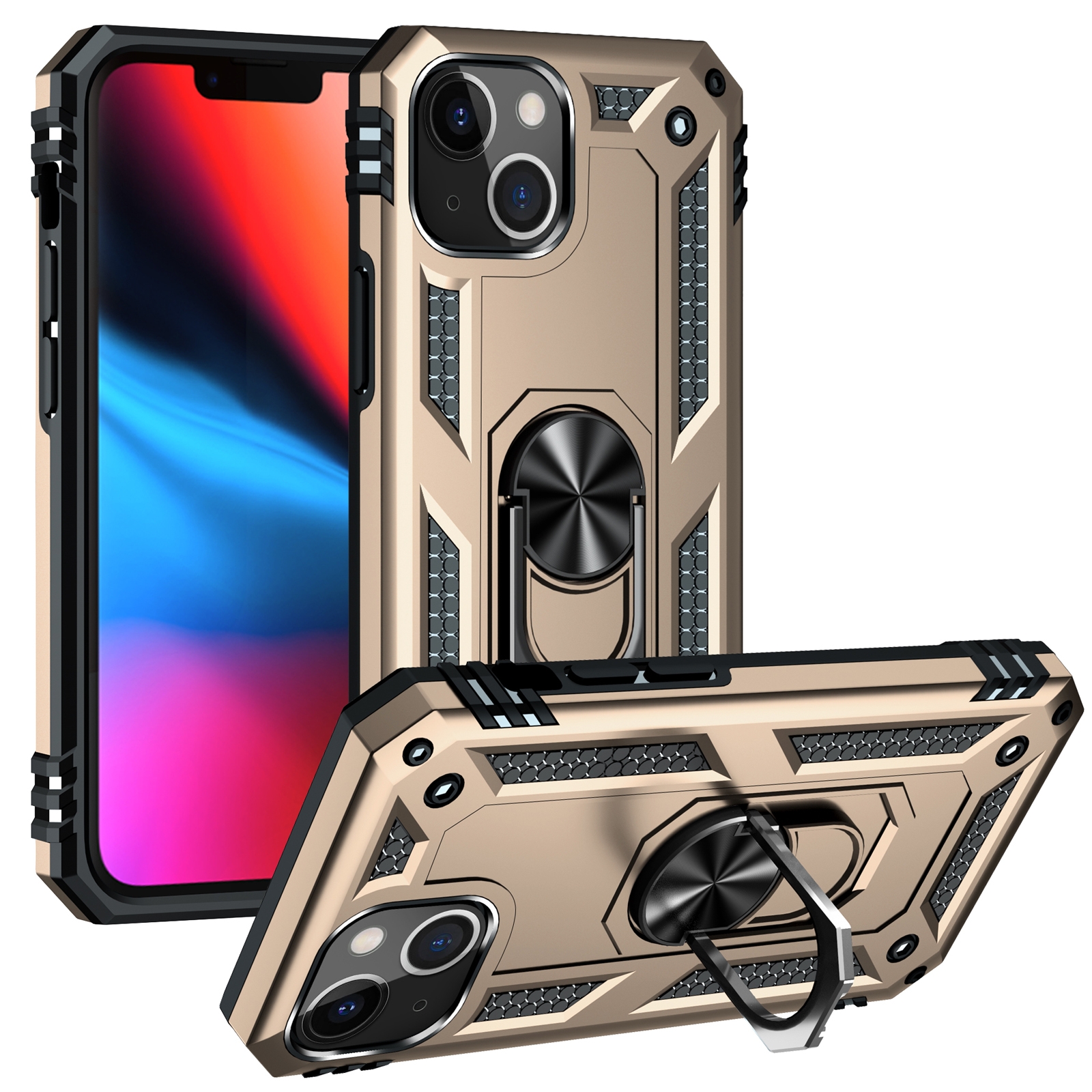 For iPhone 13 Shockproof TPU + PC Protective Case with 360 Degree Rotating Holder(Gold) - Shopkiz.com