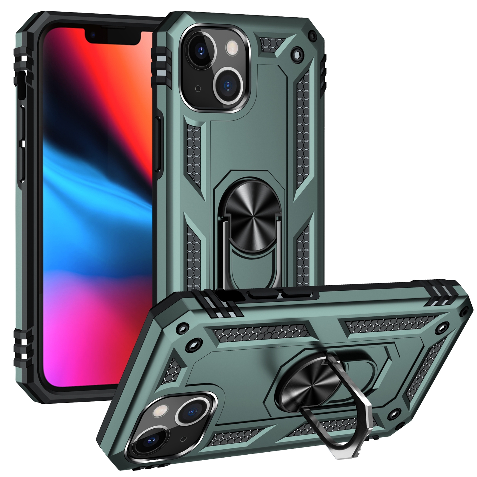 For iPhone 13 Shockproof TPU + PC Protective Case with 360 Degree Rotating Holder(Dark Green) - Shopkiz.com