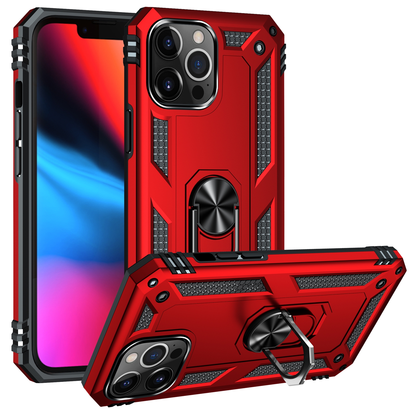 For iPhone 13 Pro Shockproof TPU + PC Protective Case with 360 Degree Rotating Holder (Red) - Shopkiz.com