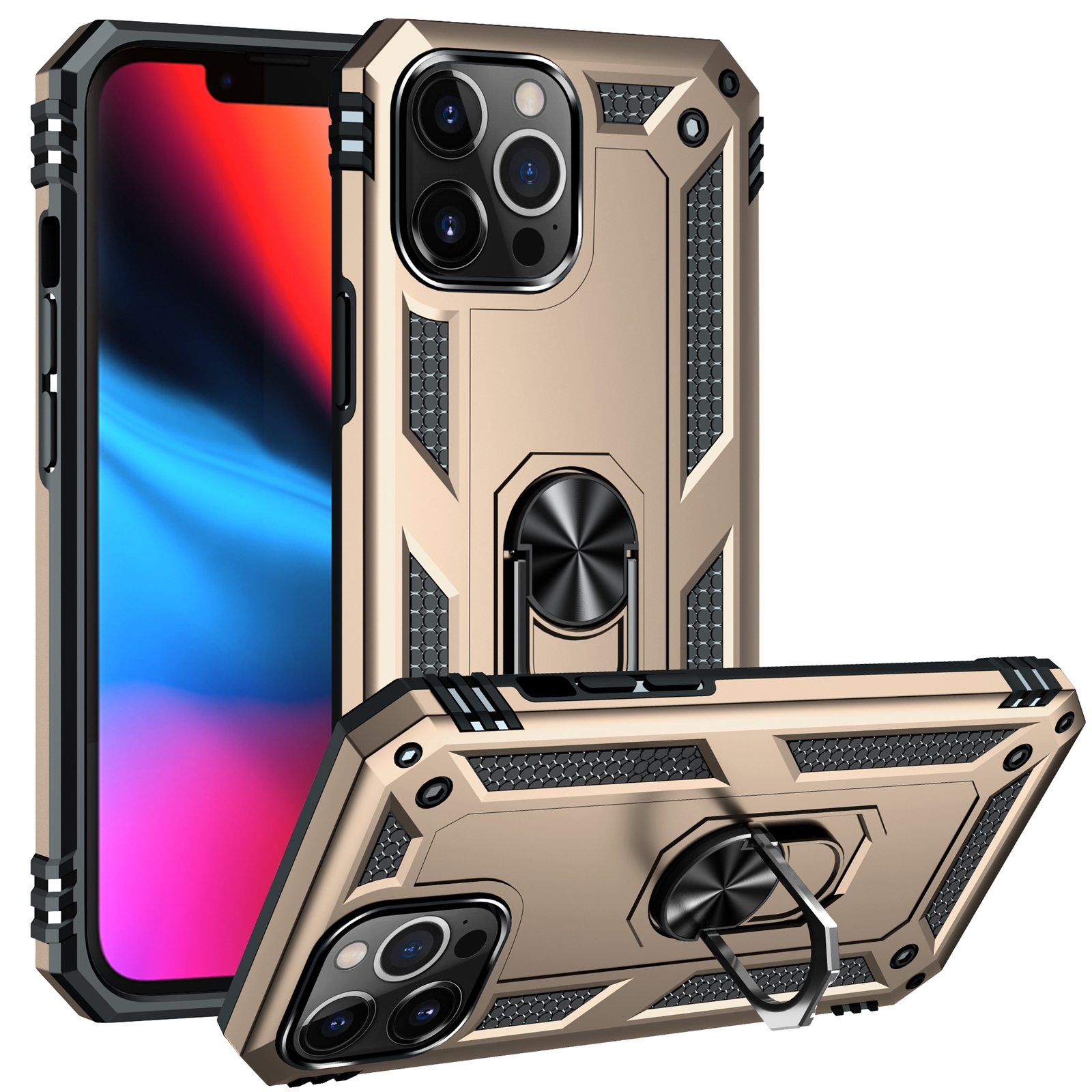For iPhone 13 Pro Max Shockproof TPU + PC Protective Case with 360 Degree Rotating Holder (Gold) - Shopkiz.com