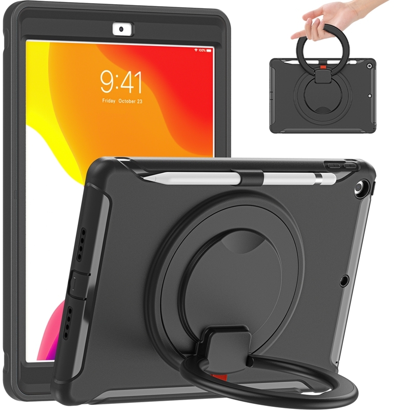 For iPad 10.2 2021 / 2020 / 2019 Shockproof TPU + PC Protective Case with 360 Degree Rotation Foldable Handle Grip Holder & Pen Slot(Black) -