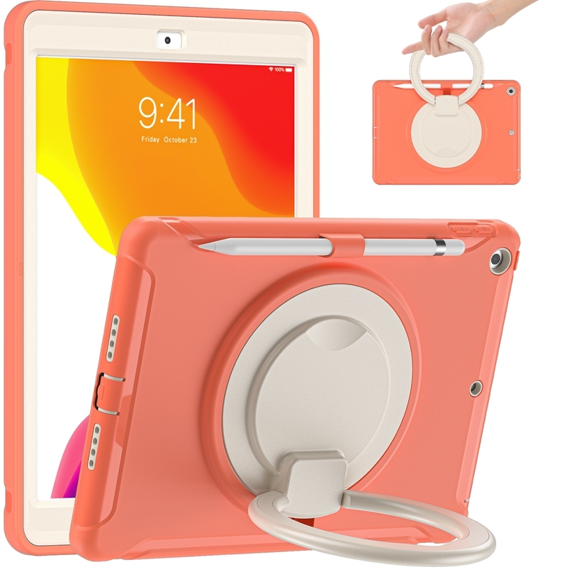 For iPad 10.2 2021 / 2020 / 2019 Shockproof TPU + PC Protective Case with 360 Degree Rotation Foldable Handle Grip Holder & Pen Slot(Living Coral) -