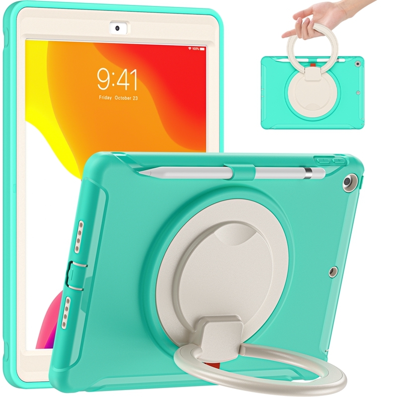 For iPad 10.2 2021 / 2020 / 2019 Shockproof TPU + PC Protective Case with 360 Degree Rotation Foldable Handle Grip Holder & Pen Slot(Mint Green) -