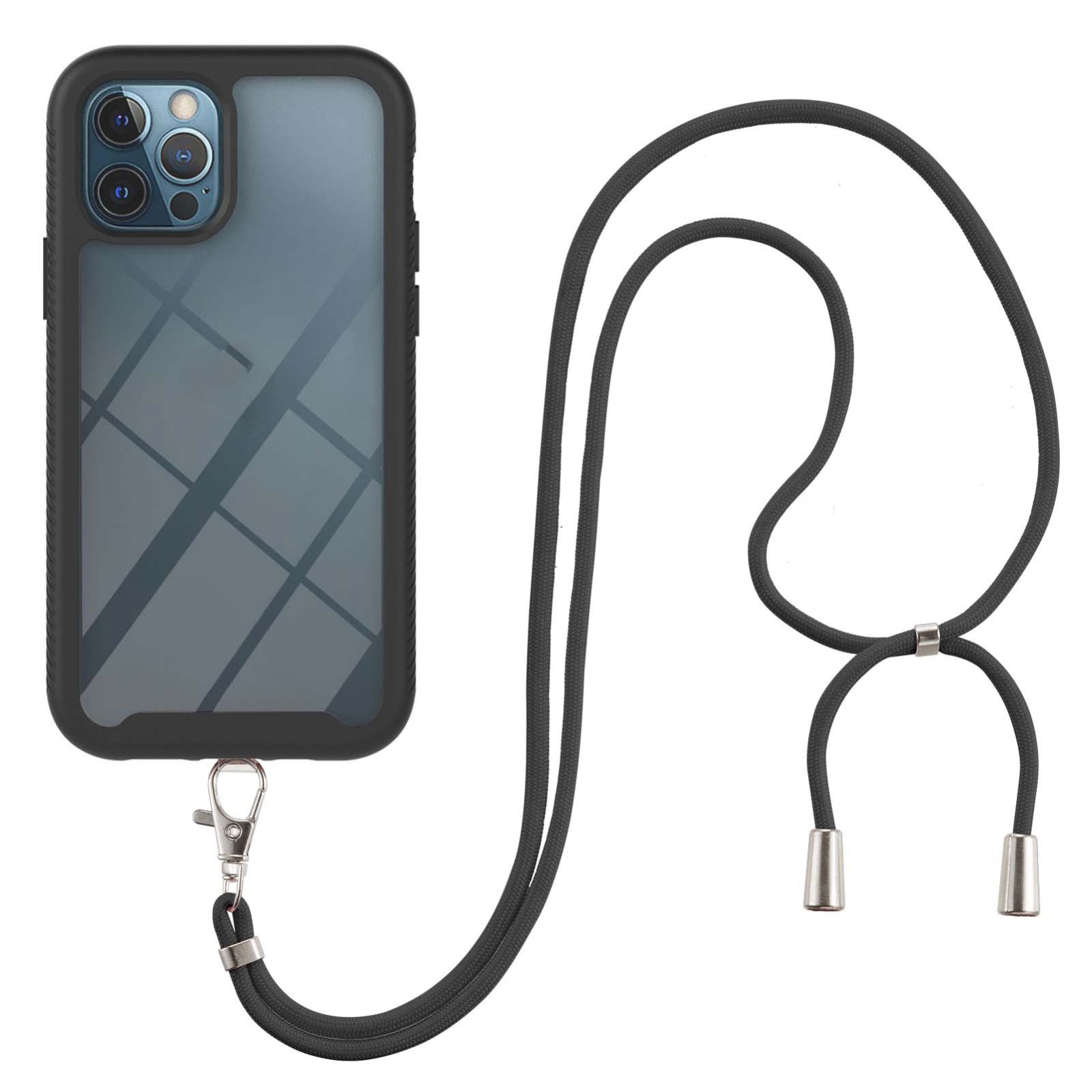 For iPhone 12 / 12 Pro Starry Sky Solid Color Series Shockproof PC + TPU Protective Case with Neck Strap(Black) - Shopkiz.com