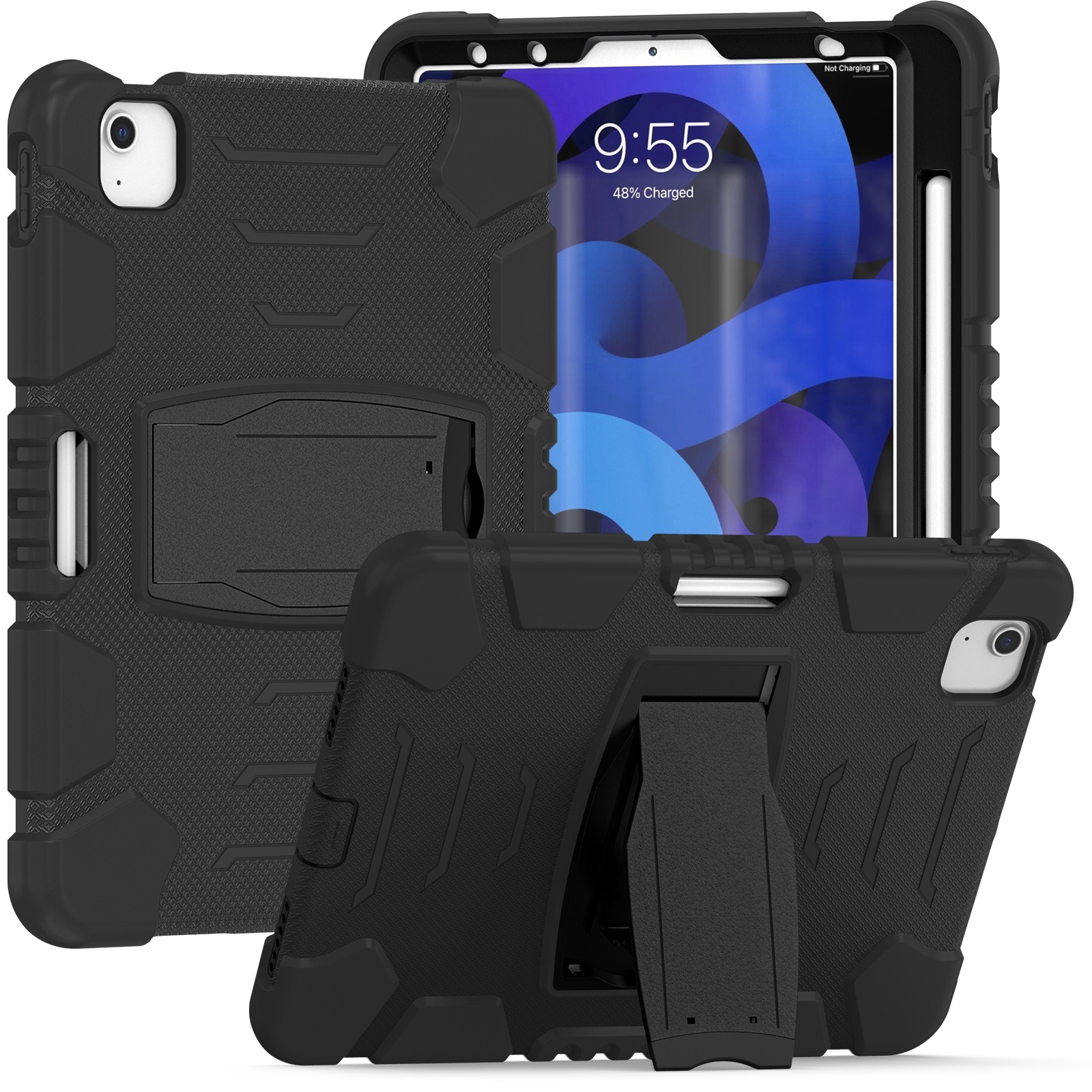 3-Layer PC + Silicone Shockproof Tablet Case with Holder For iPad Air 2020 / 2022 10.9 / Pro 11 2022 / 2021 / 2020 / 2018(Black+Black) - Shopkiz.com