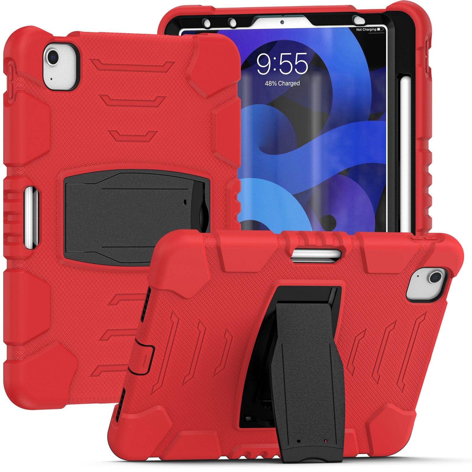 3-Layer PC + Silicone Shockproof Tablet Case with Holder For iPad Air 2020 / 2022 10.9 / Pro 11 2022 / 2021 / 2020 / 2018(Red+Black) - Shopkiz.com