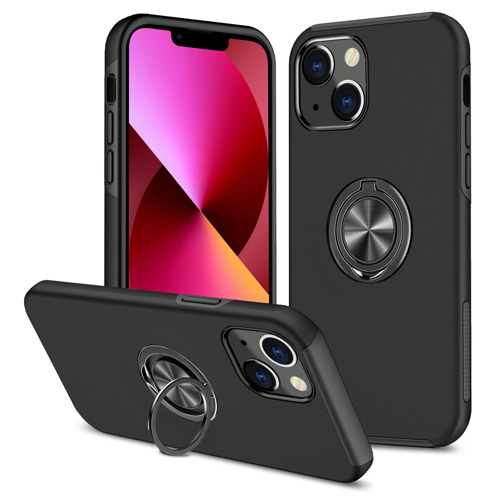 For iPhone 13 Magnetic Ring Kickstand Shockproof Phone Case(Black) - Shopkiz.com