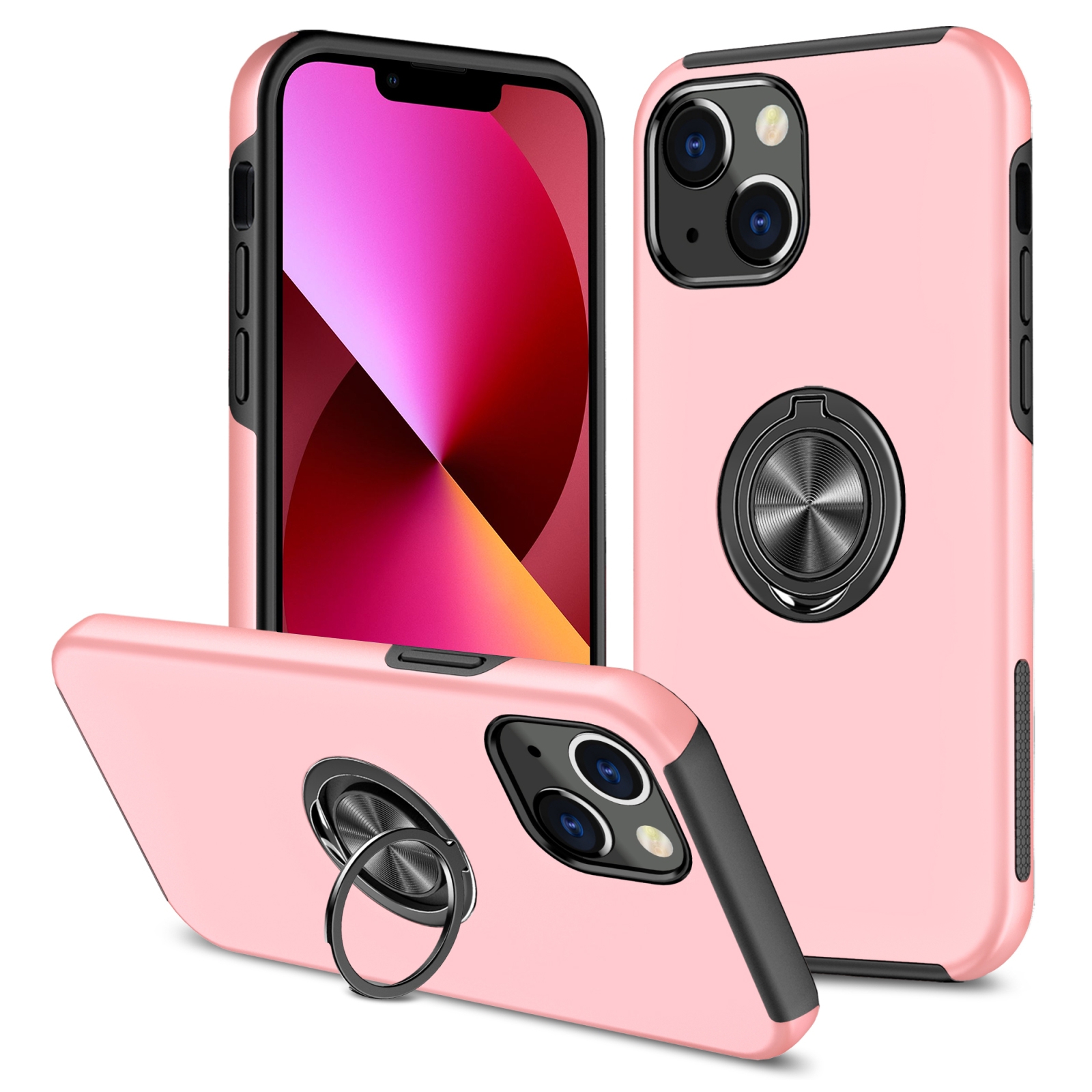 For iPhone 13 Magnetic Ring Kickstand Shockproof Phone Case(Rose Gold) - Shopkiz.com