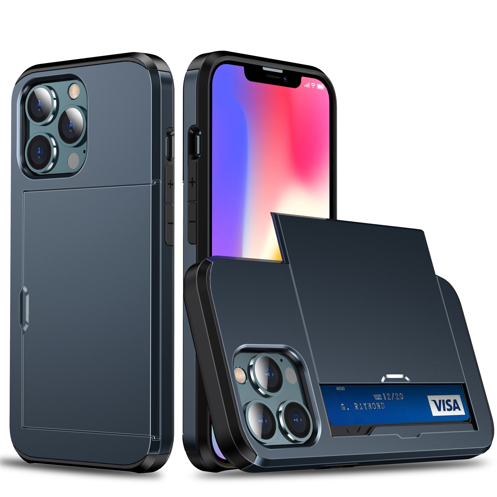 For iPhone 13 mini Shockproof Armor Protective Case with Slide Card Slot (Dark) - Shopkiz.com