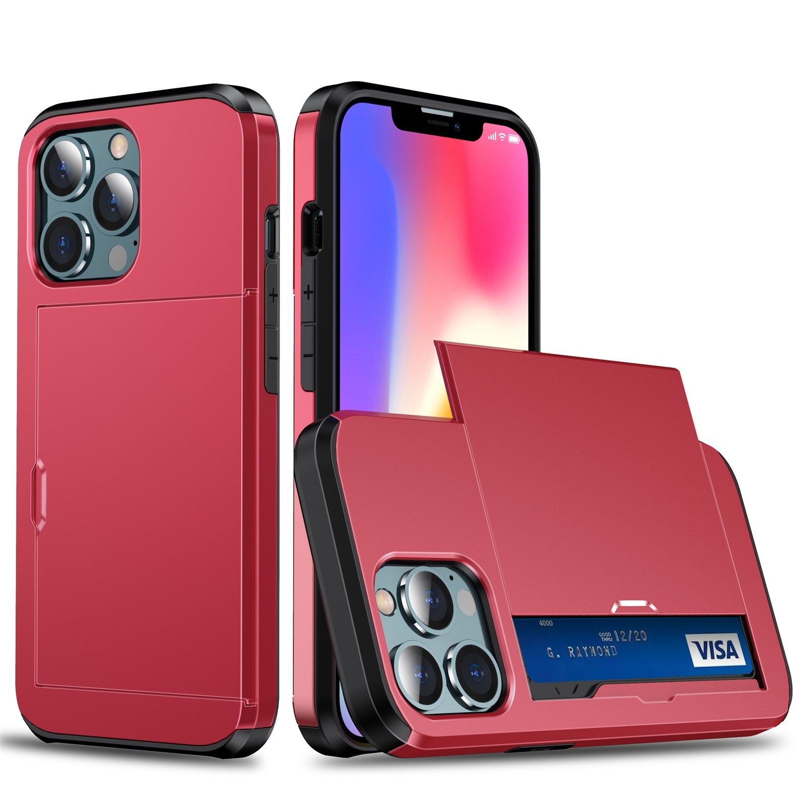 For iPhone 13 Shockproof Armor Protective Case with Slide Card Slot(Red) - Shopkiz.com