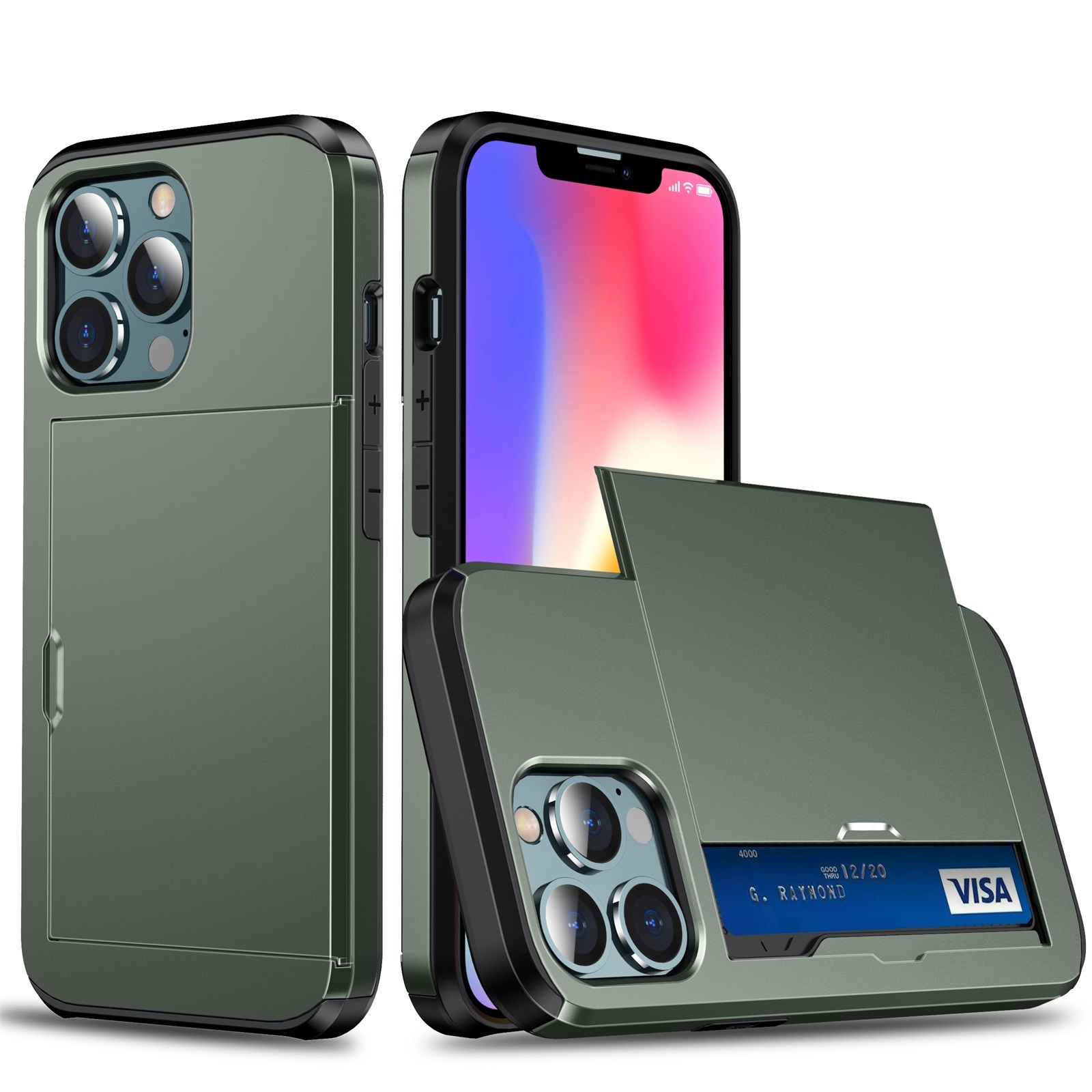 For iPhone 13 Pro Shockproof Armor Protective Case with Slide Card Slot (Army Green) - Shopkiz.com