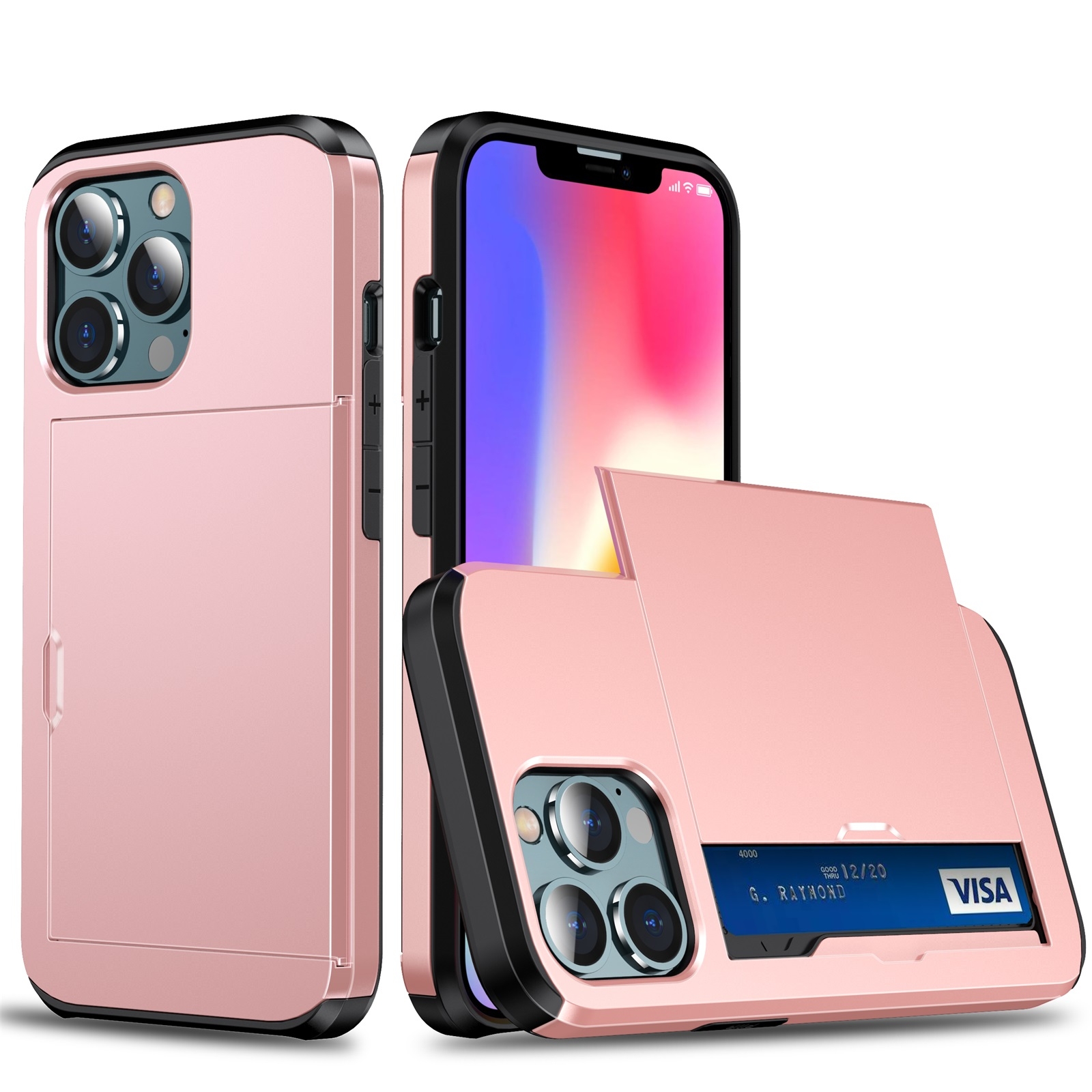 For iPhone 13 Pro Max Shockproof Armor Protective Case with Slide Card Slot (Rose Gold) - Shopkiz.com