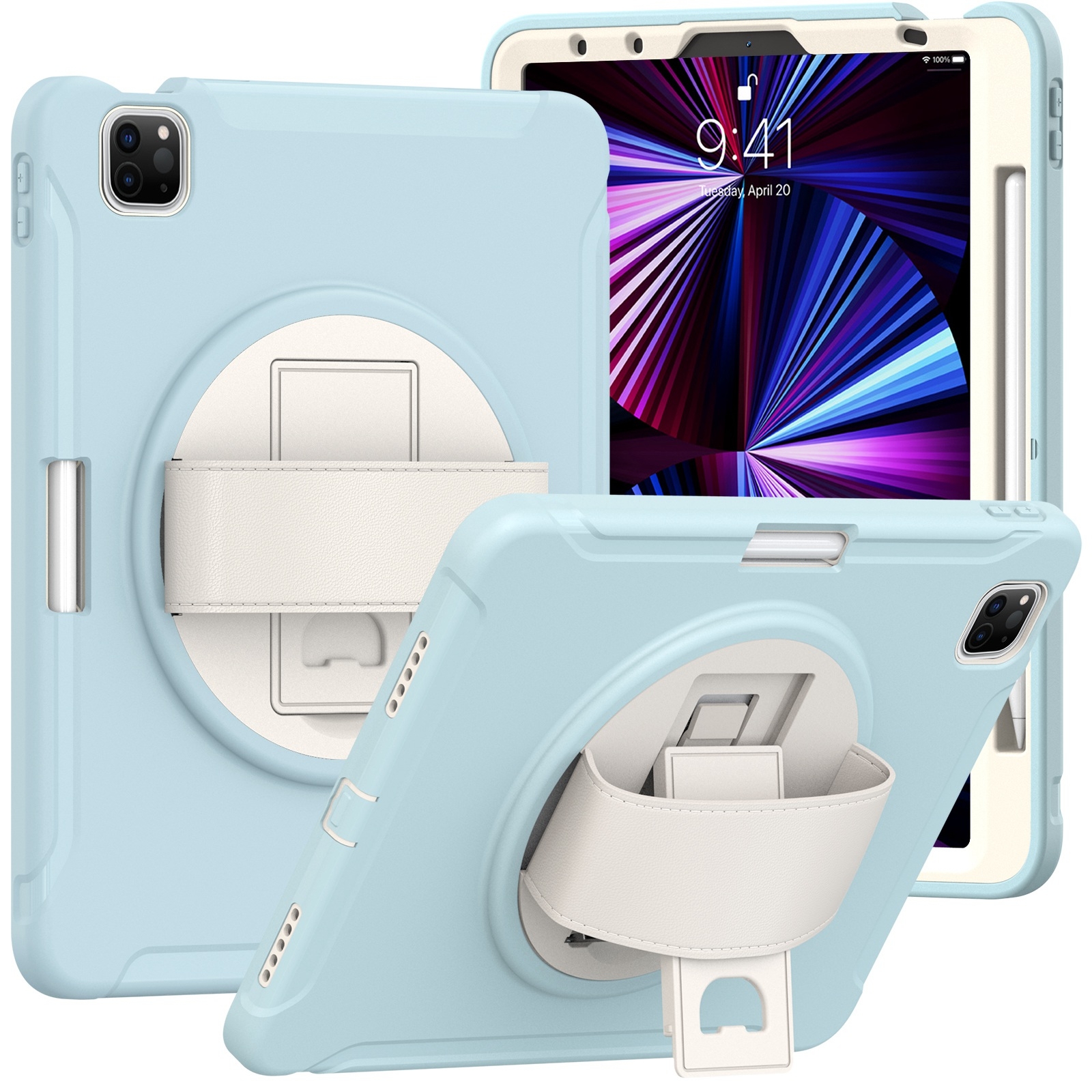 For iPad Pro 11 2022 / 2021 / 2020 / 2018 360 Degree Rotation PC + TPU Protective Tablet Case with Holder & Hand-strap & Pen Slot(Ice Crystal Blue) -