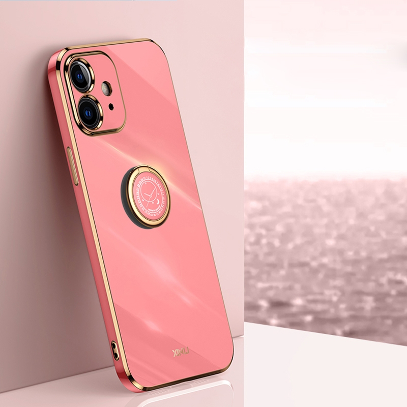 For iPhone 12 mini XINLI Straight Edge 6D Electroplate TPU Phone Case with Ring Holder (Hawthorn Red) - Shopkiz.com