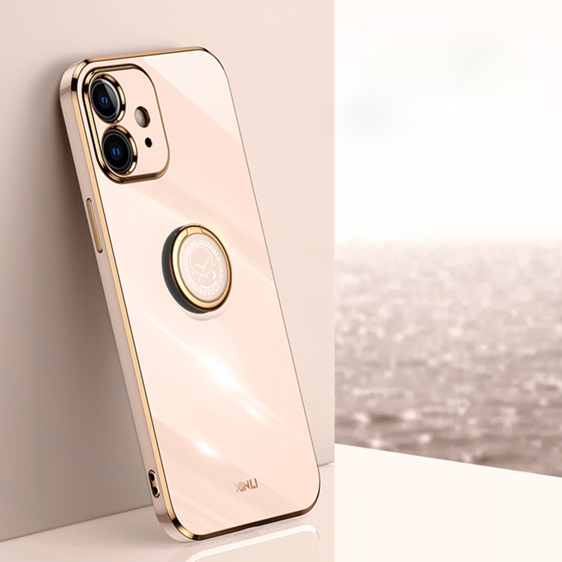 For iPhone 12 mini XINLI Straight Edge 6D Electroplate TPU Phone Case with Ring Holder (Pink) - Shopkiz.com