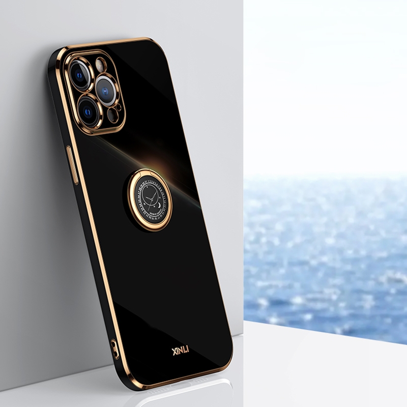 For iPhone 12 Pro XINLI Straight Edge 6D Electroplate TPU Phone Case with Ring Holder(Black) - Shopkiz.com