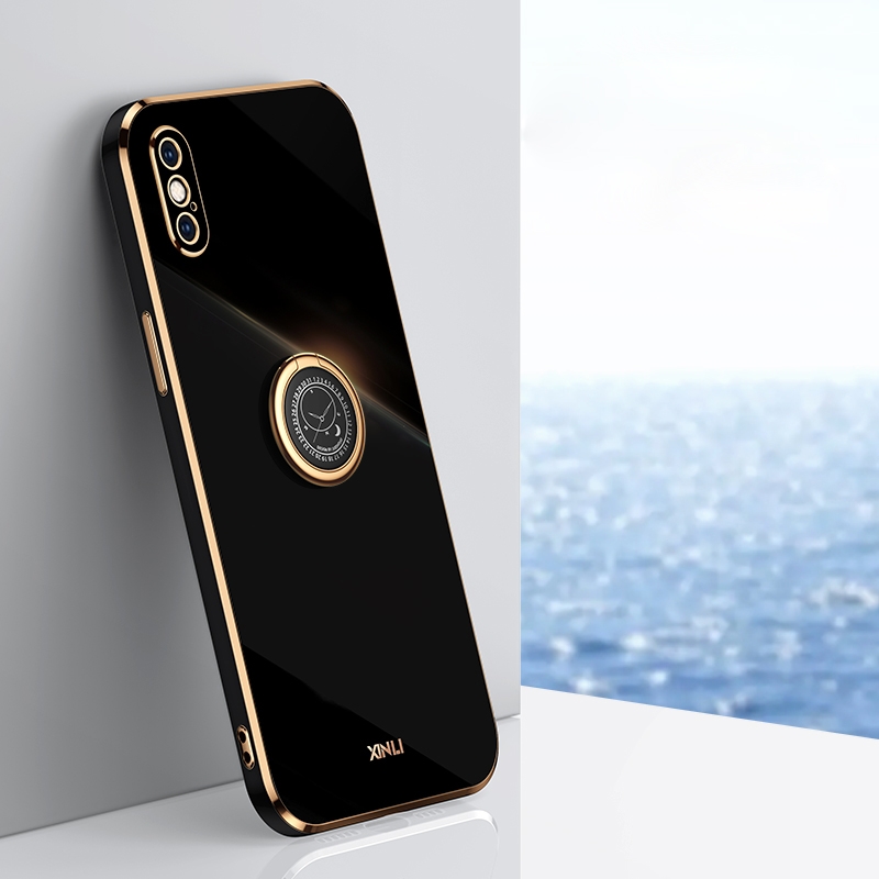 For iPhone XS XINLI Straight Edge 6D Electroplate TPU Phone Case with Ring Holder(Black) - Shopkiz.com