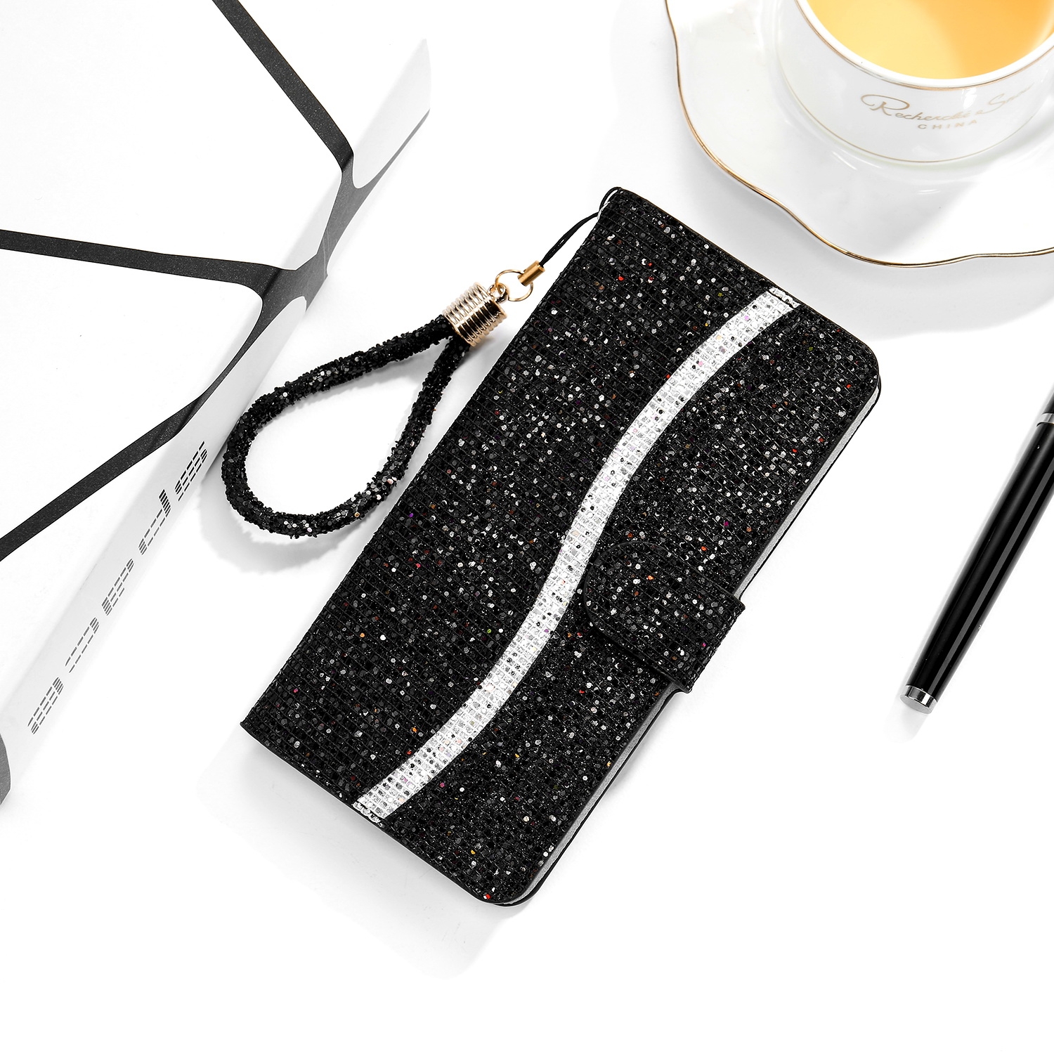 For iPhone 13 Pro Max Glitter Powder Horizontal Flip Leather Case with Card Slots & Holder & Lanyard (Black) - Shopkiz.com