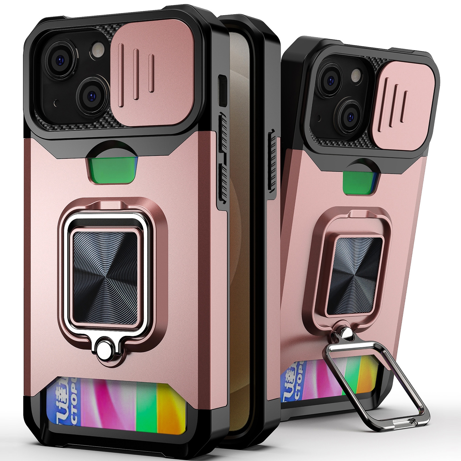 For iPhone 13 mini Sliding Camshield Card Slot Ring Kickstand Phone Case (Rose Gold) - Shopkiz.com