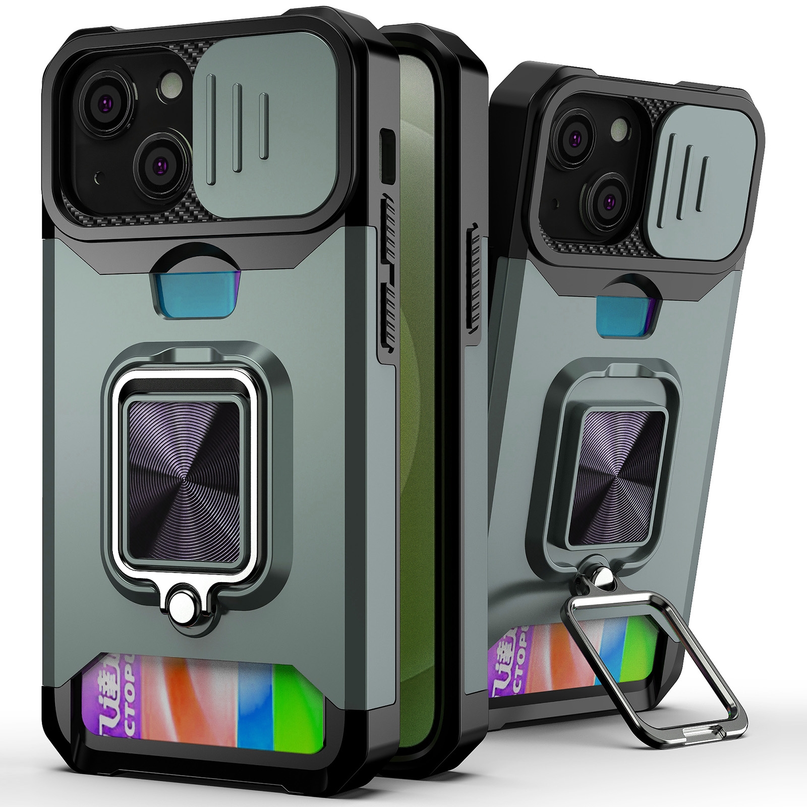 For iPhone 13 Sliding Camshield Card Slot Ring Kickstand Phone Case(Dark Green) - Shopkiz.com