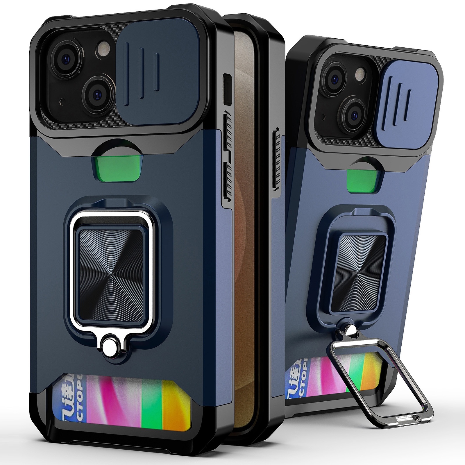 For iPhone 13 Sliding Camshield Card Slot Ring Kickstand Phone Case(Blue) - Shopkiz.com