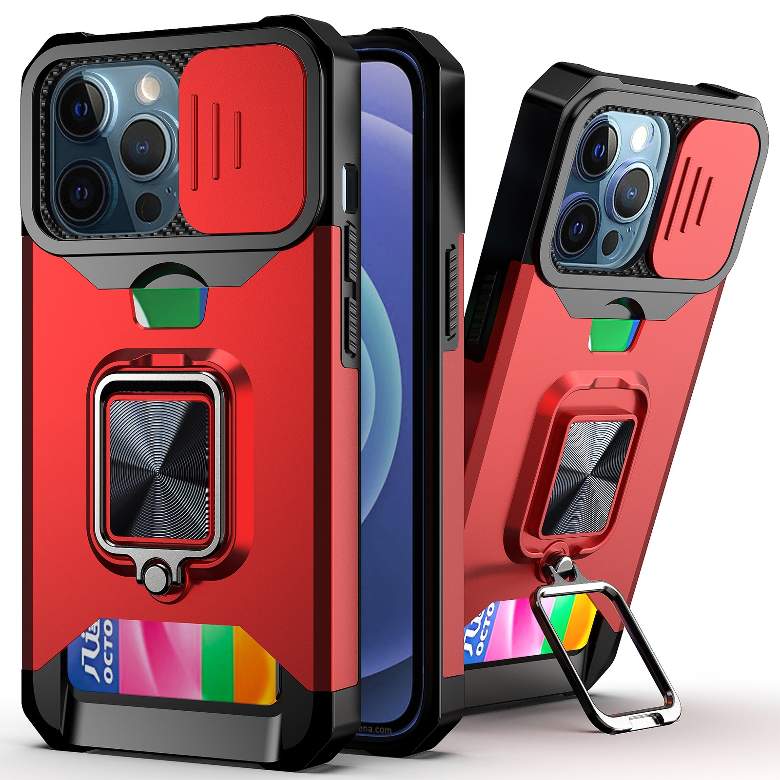 For iPhone 13 Pro Sliding Camshield Card Slot Ring Kickstand Phone Case (Red) - Shopkiz.com