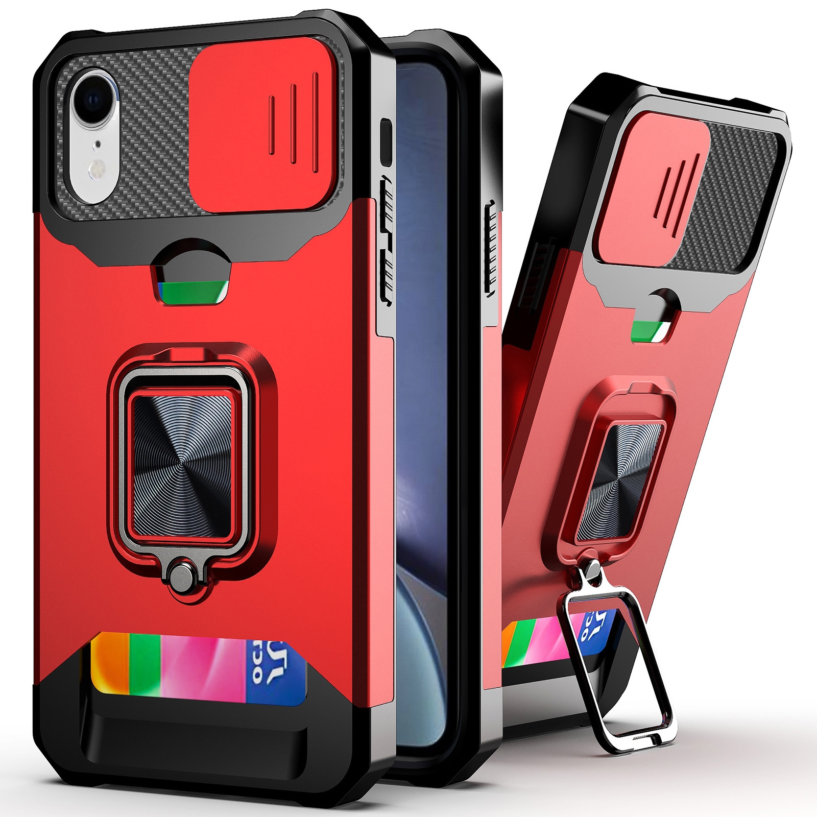 For iPhone XR Sliding Camshield Card Slot Ring Kickstand Phone Case(Red) - Shopkiz.com