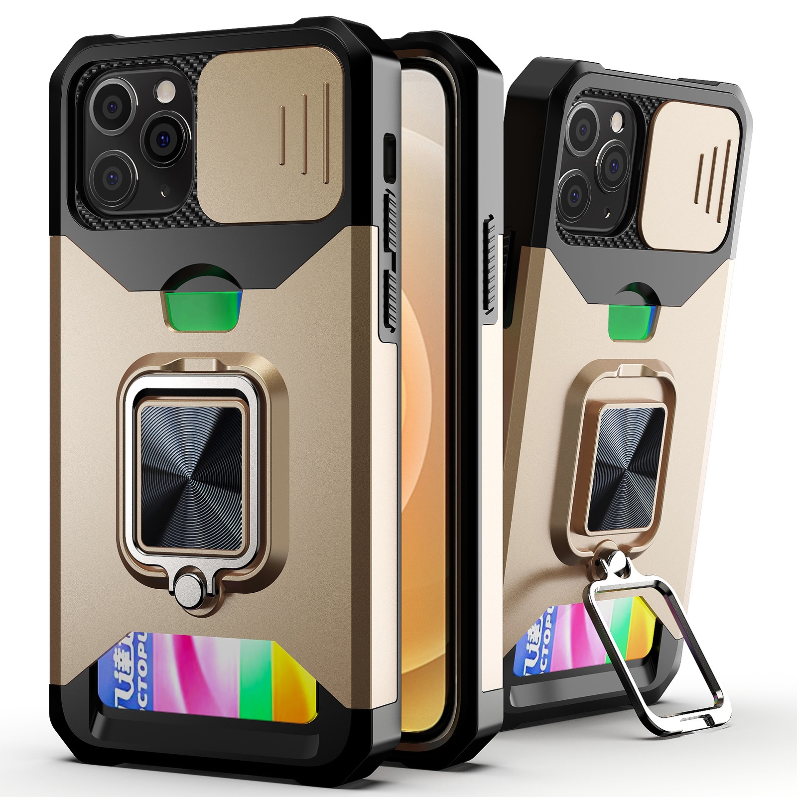 For iPhone 11 Pro Sliding Camshield Card Slot Ring Kickstand Phone Case (Gold) - Shopkiz.com