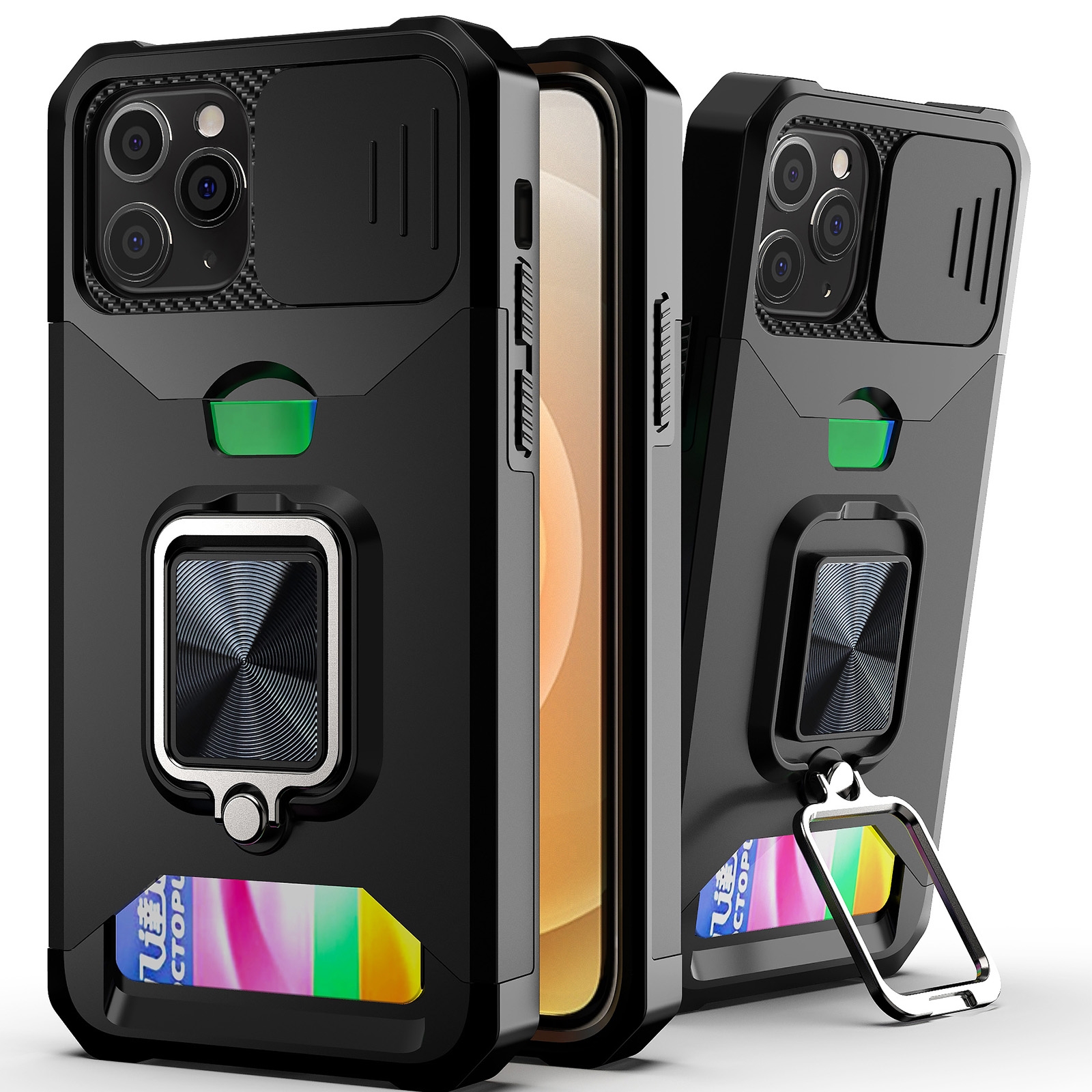 For iPhone 11 Pro Max Sliding Camshield Card Slot Ring Kickstand Phone Case (Black) - Shopkiz.com