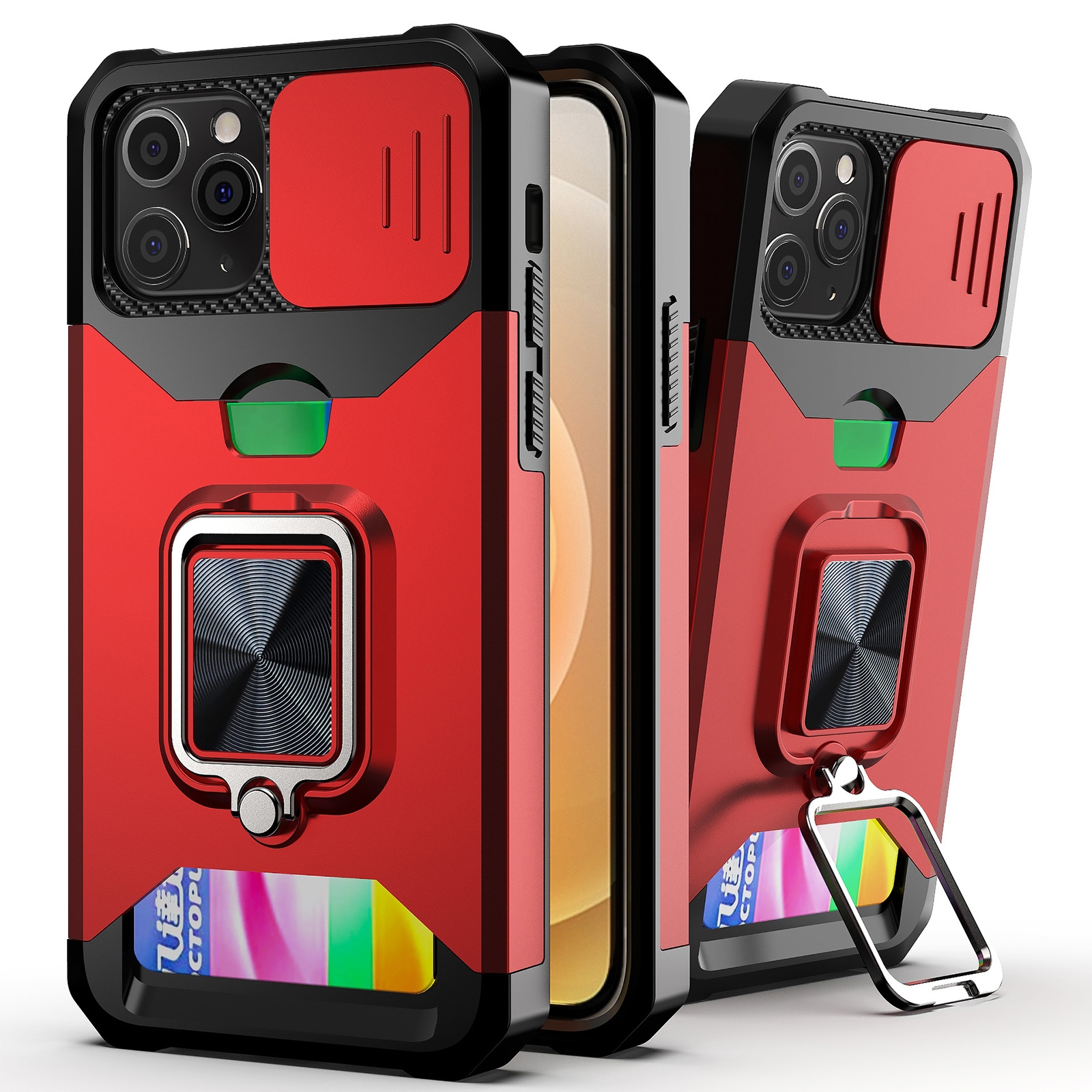 For iPhone 12 / 12 Pro Sliding Camshield Card Slot Ring Kickstand Phone Case(Red) - Shopkiz.com