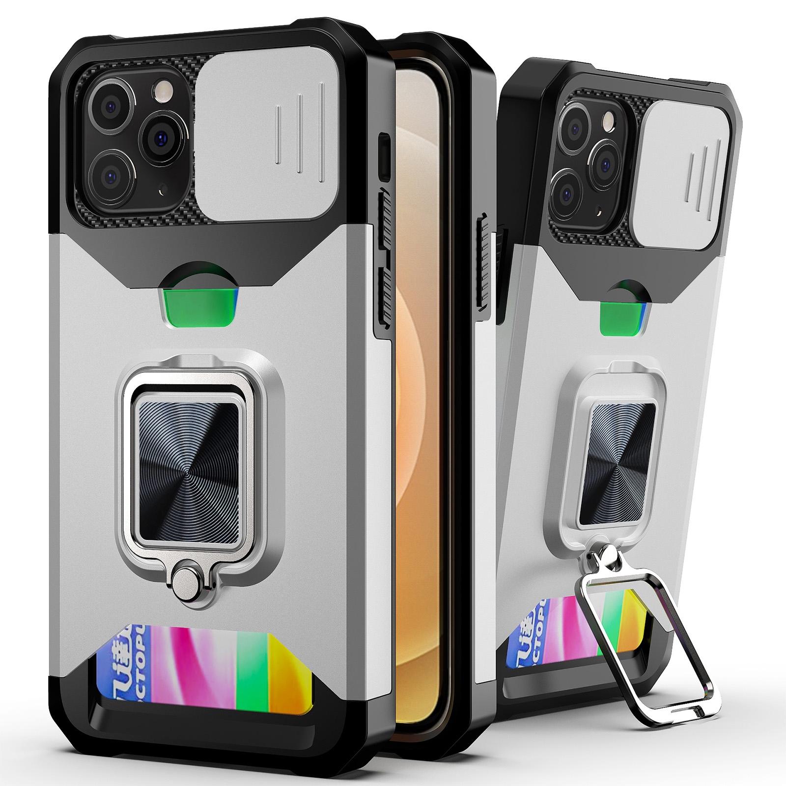 For iPhone 12 Pro Max Sliding Camshield Card Slot Ring Kickstand Phone Case(Silver) - Shopkiz.com