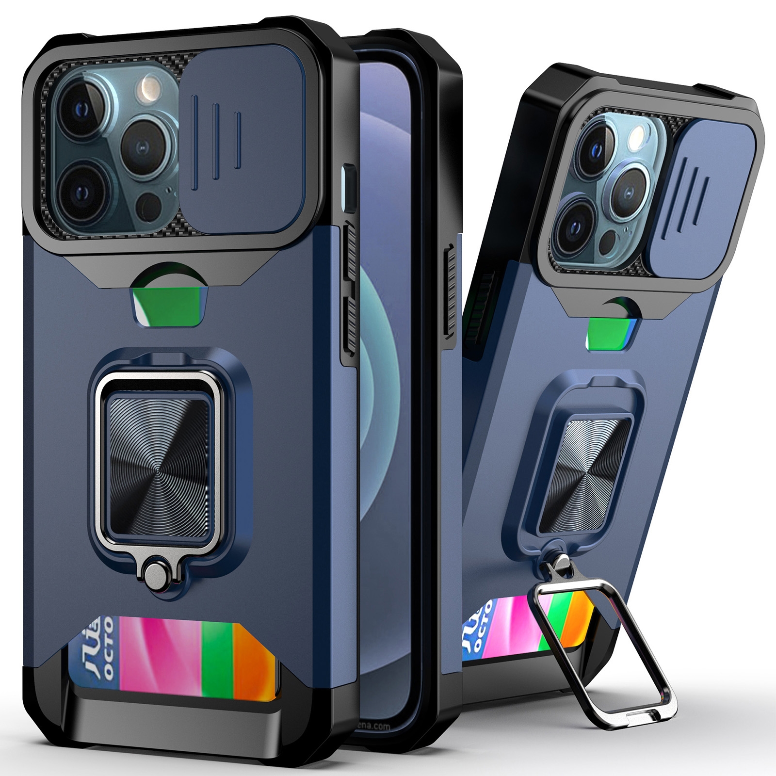 For iPhone 13 Pro Max Sliding Camshield Card Slot Ring Kickstand Phone Case (Blue) - Shopkiz.com