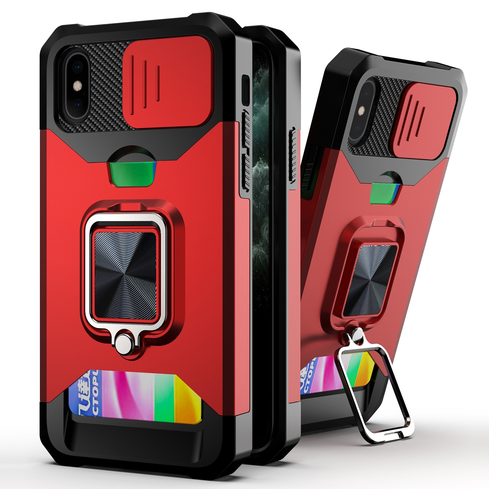 For iPhone XS Max Sliding Camshield Card Slot Ring Kickstand Phone Case(Red) - Shopkiz.com