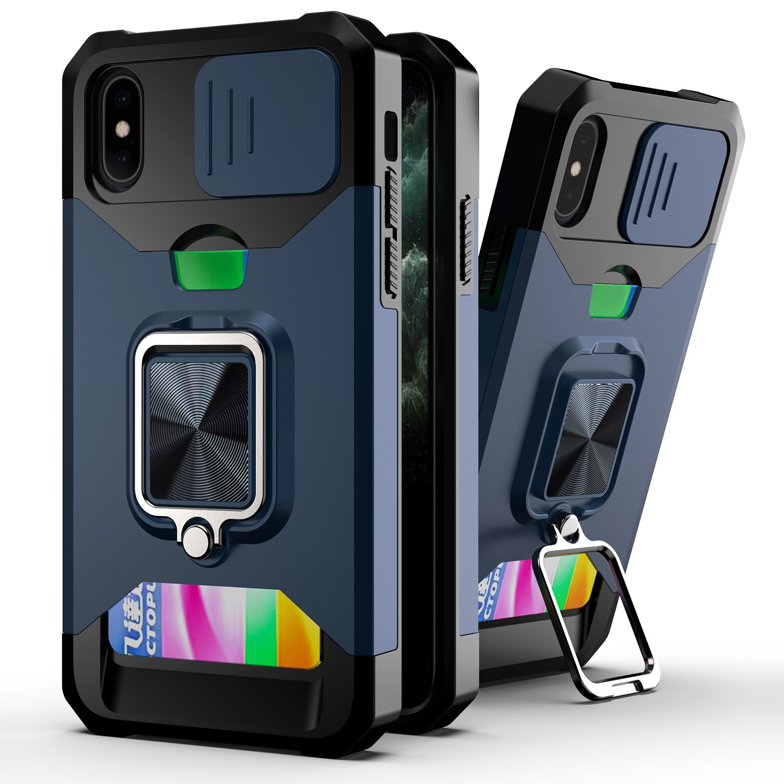 For iPhone XS Max Sliding Camshield Card Slot Ring Kickstand Phone Case(Blue) - Shopkiz.com