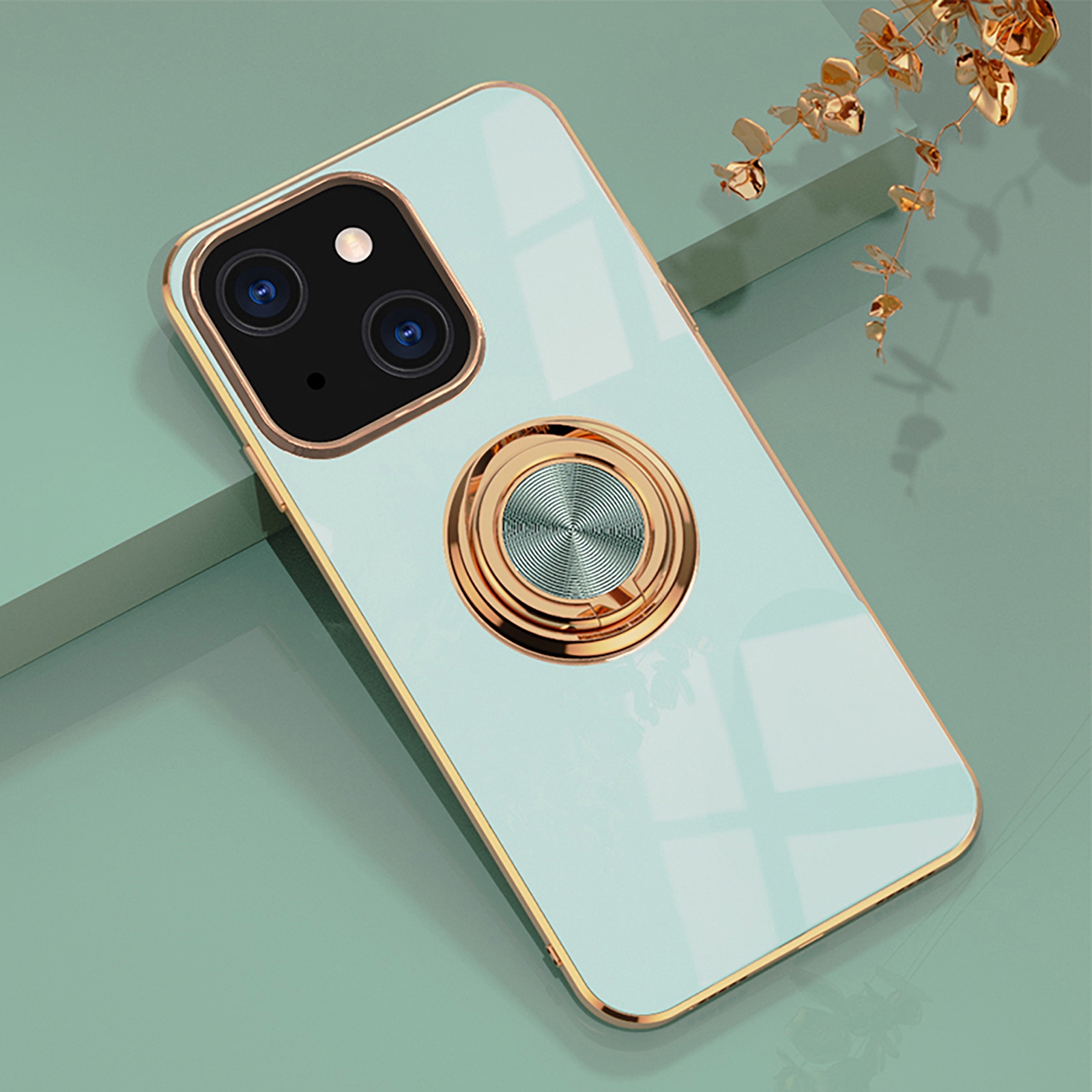 For iPhone 13 Pro Max 6D Electroplating Full Coverage Silicone Protective Case with Magnetic Ring Holder (Light Cyan) - Shopkiz.com