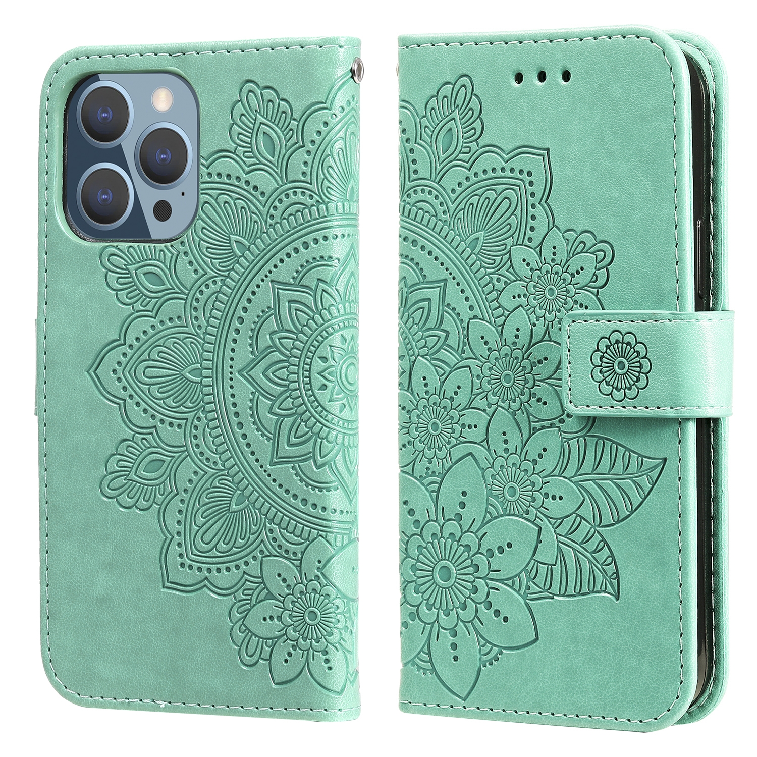 For iPhone 13 Pro 7-petal Flowers Embossing Pattern Horizontal Flip PU Leather Case with Holder & Card Slots & Wallet & Photo Frame (Green) -