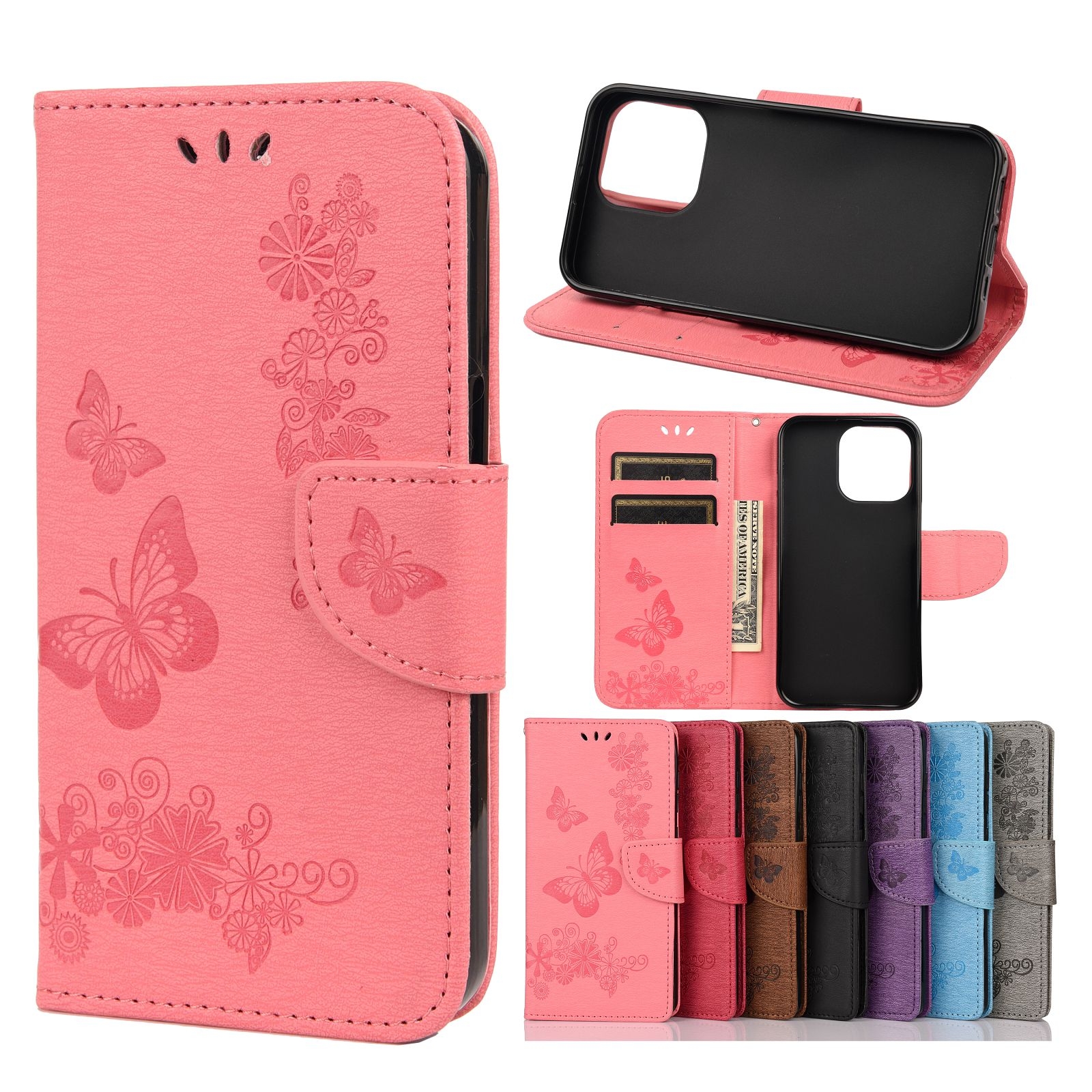 For iPhone 13 Vintage Embossed Floral Butterfly Pattern Horizontal Flip Leather Case with Card Slot & Holder & Wallet & Lanyard(Pink) - Shopkiz.com